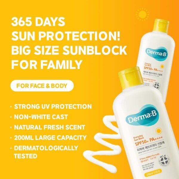 Derma B - Everyday Sun Block Large Size Sunscreen SPF50+ PA++++ 6.71 Fl Oz, 200ml - Image 2